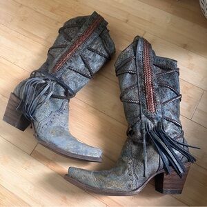 Corral Distressed Gray-Brown Leather Fringe Western Heeled Boots